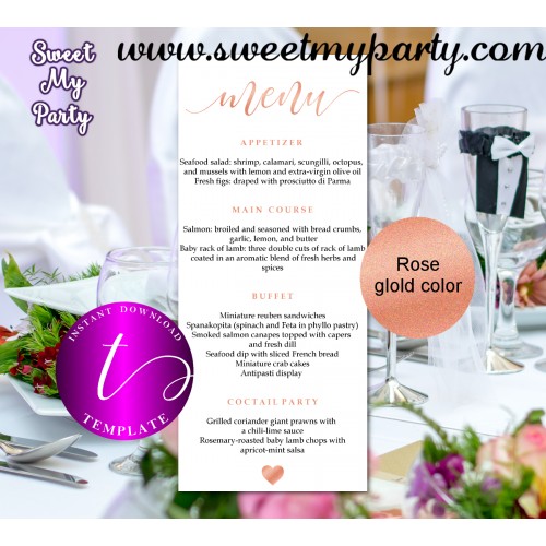Rose Wedding Menu tea length template printable,Rose gold restaurant menu, 041w